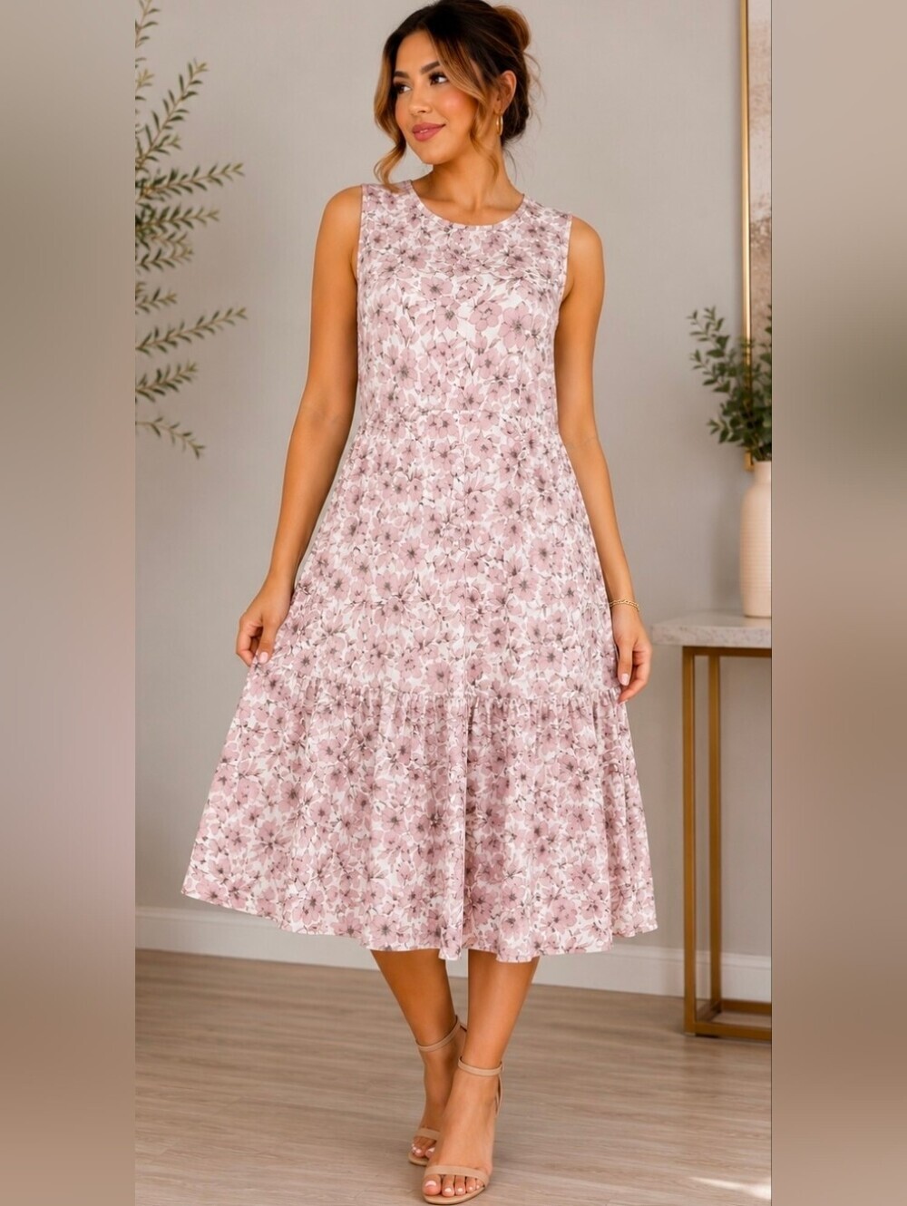 Chris & Carol Pink and White Midi Dress